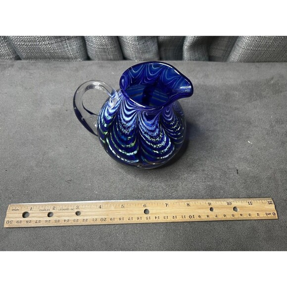 Kyle Gribskov Cobalt Blue Iridescent Inlaid Swirls Wave Blown Art Glass Pitcher - Picture 14 of 16